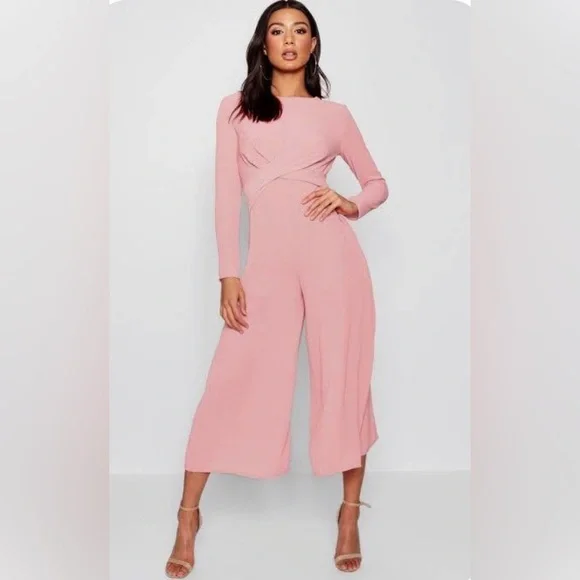 Boohoo Blush Pink Knot Front Woven Culotte Long Sleeve Wide Leg Jumpsuit - Picture 1 of 11